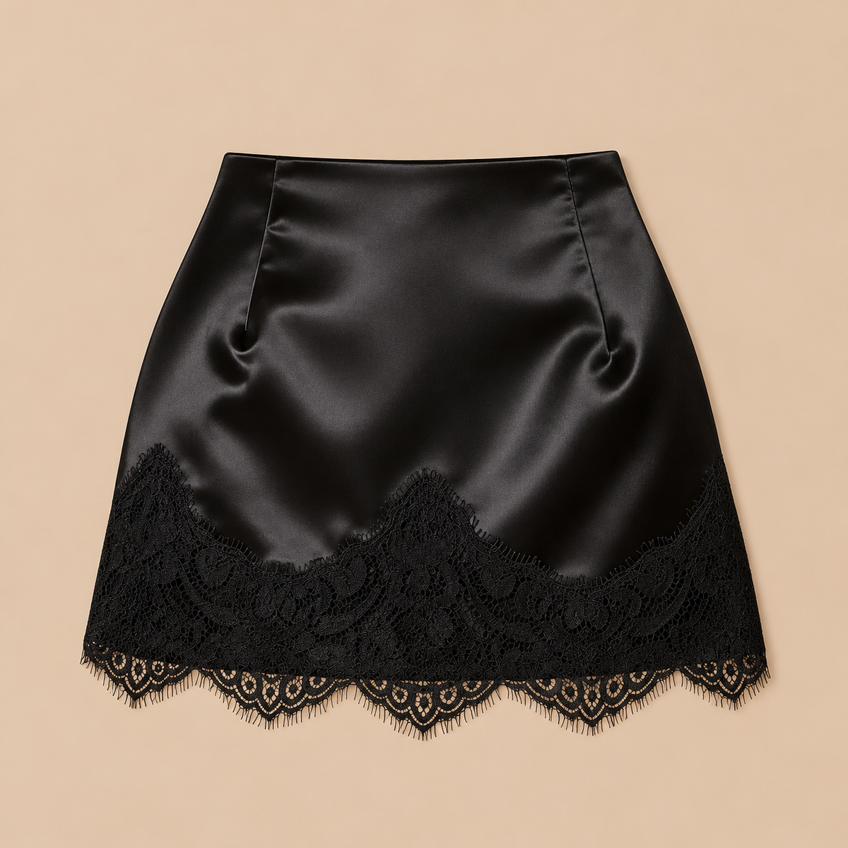 High Waist Satin Lace Mini Skirt - Black