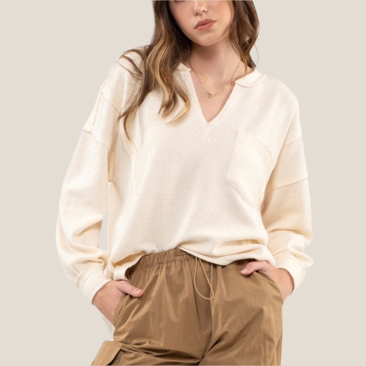 Cream Splitneck Top