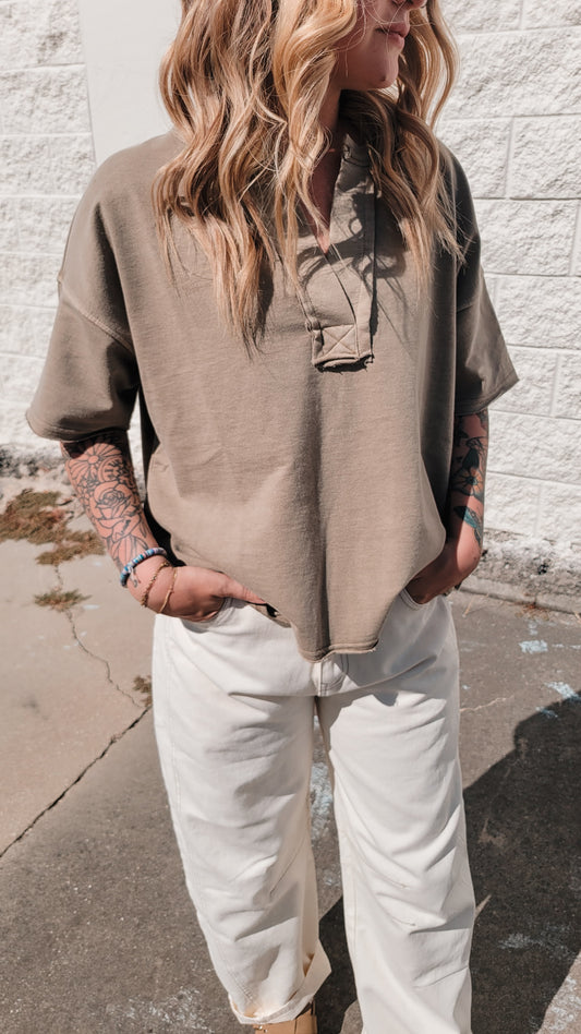 Washed Split Neck Raw Edge Top - Mocha