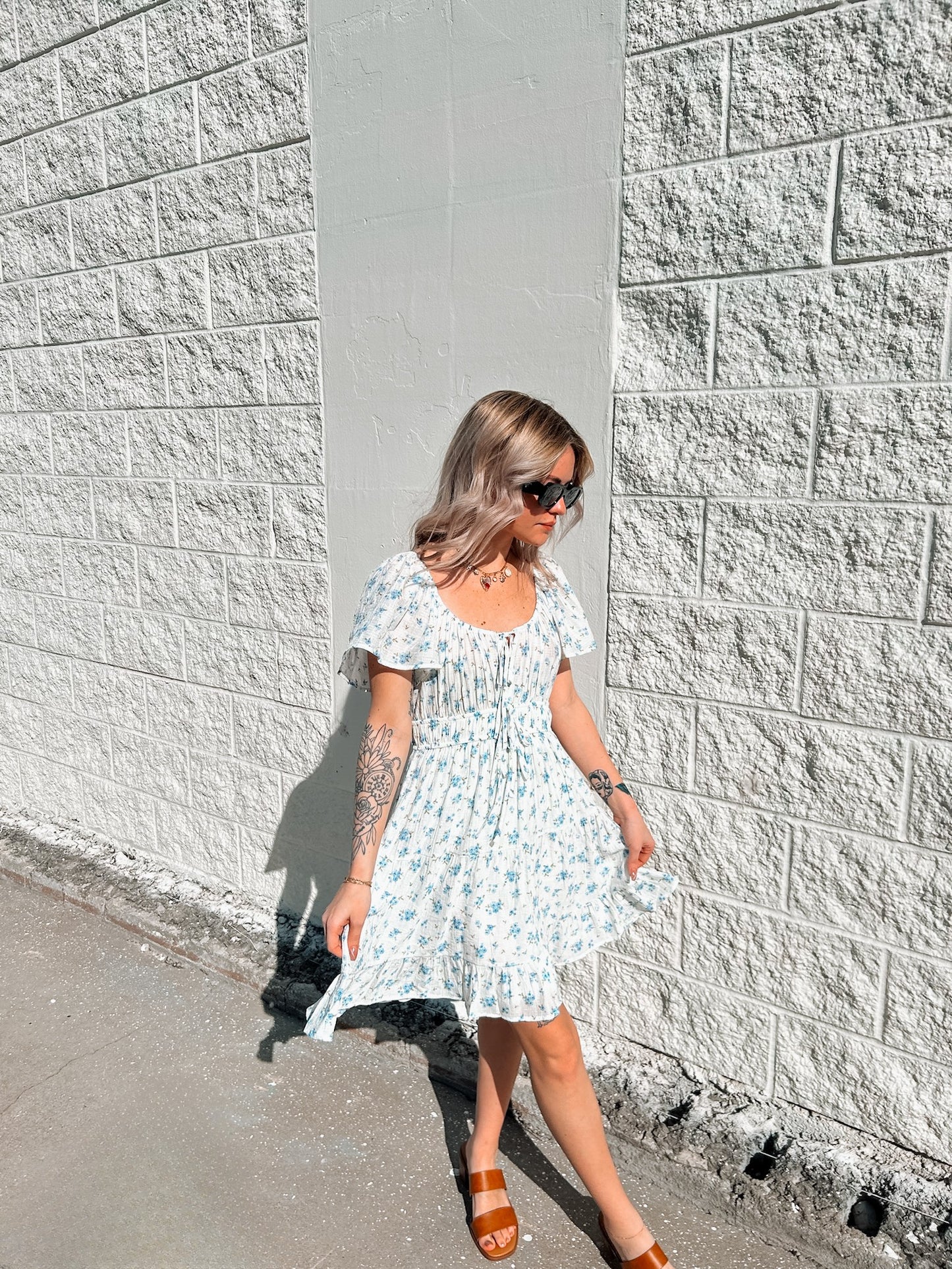 Blue Floral Short Sleeve Dress