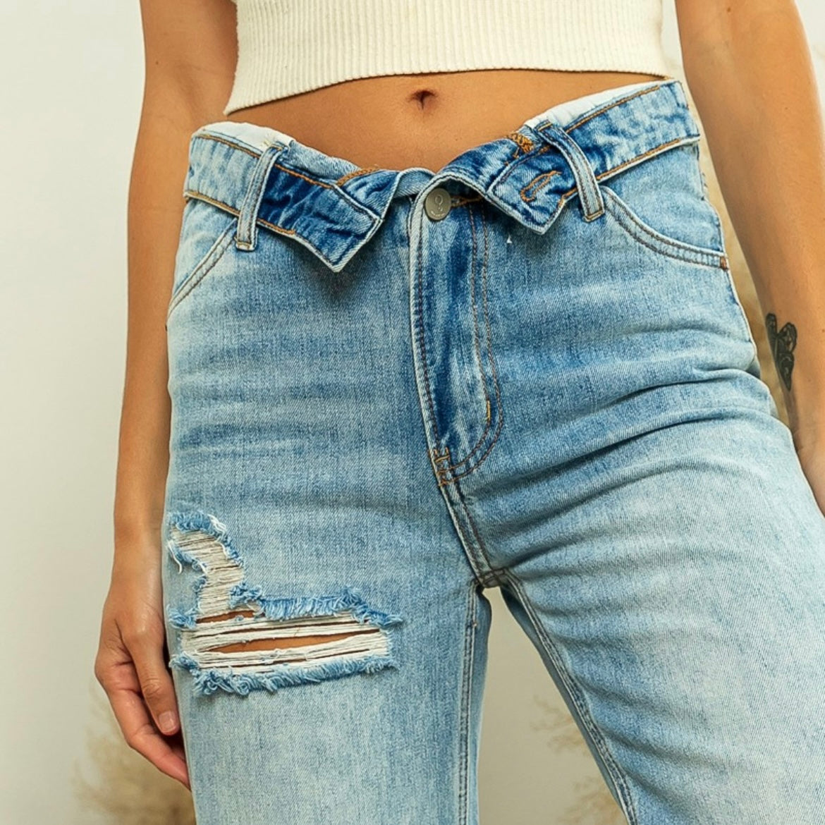 Flipped Waist Distressed Denim