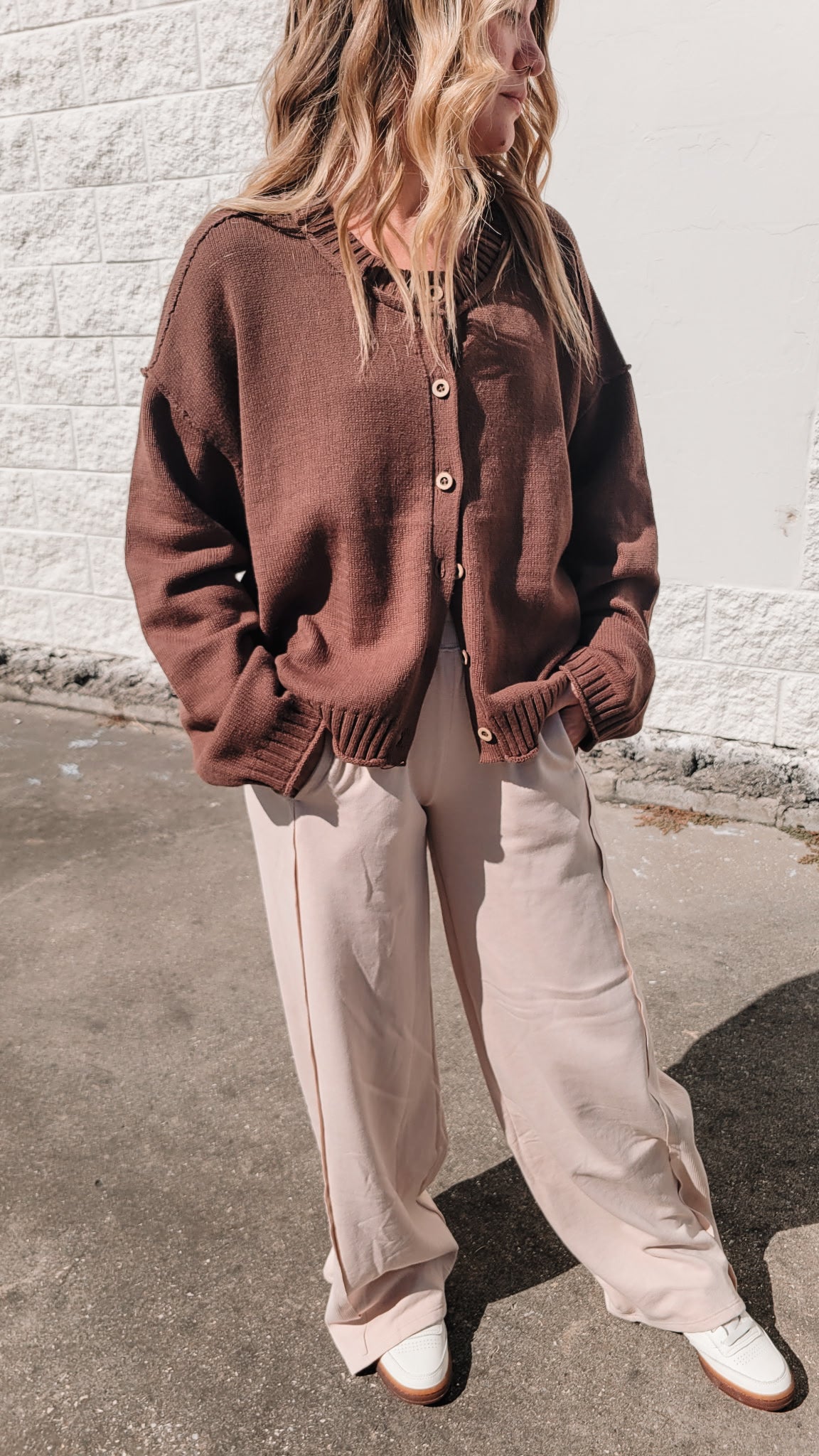 Raw Edge Exposed Seam Button Down Cardigan - Brown