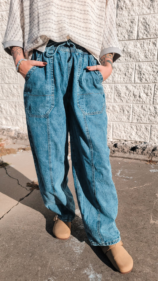 Drawstring Denim Barrel Jeans