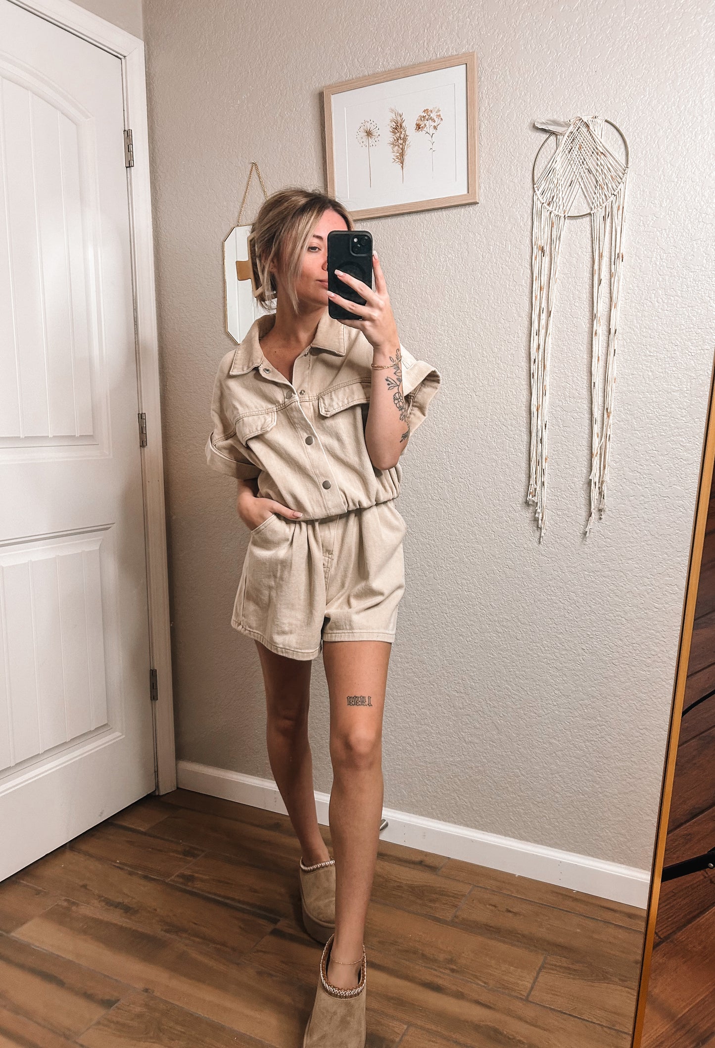 tan denim romper