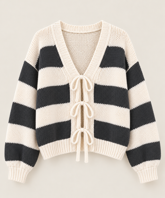 Striped V-Neck Sweater Cardigan - Charcoal