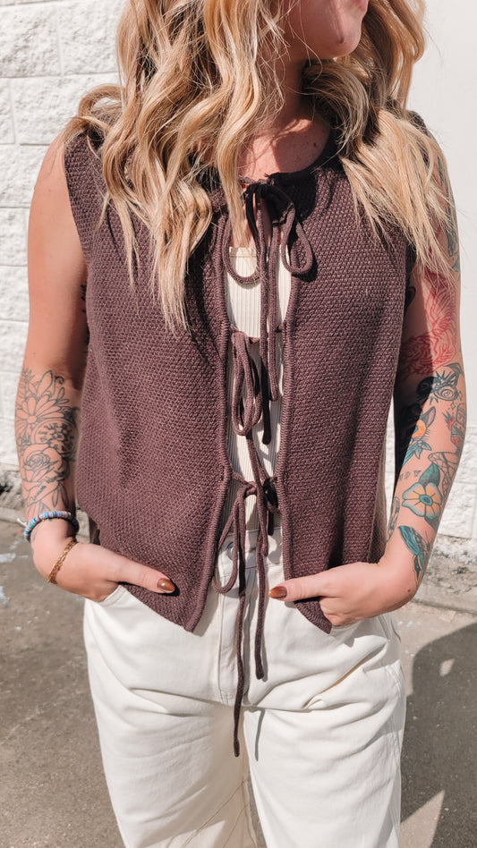 Tie-Front Sweater Vest - Brown