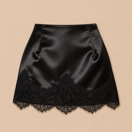 High Waist Satin Lace Mini Skirt - Black