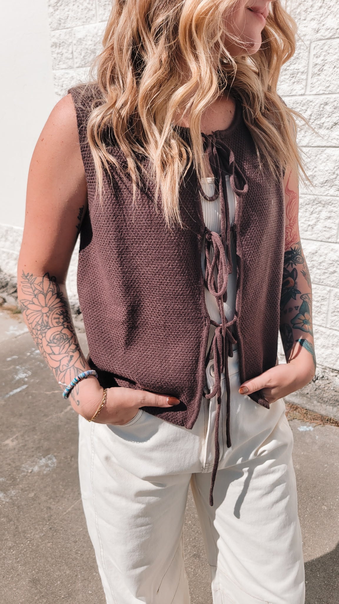 Tie-Front Sweater Vest - Brown