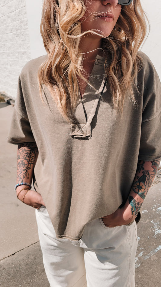 Washed Split Neck Raw Edge Top - Mocha