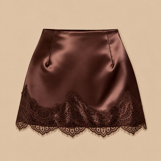 High Waist Satin Lace Mini Skirt - Coffee