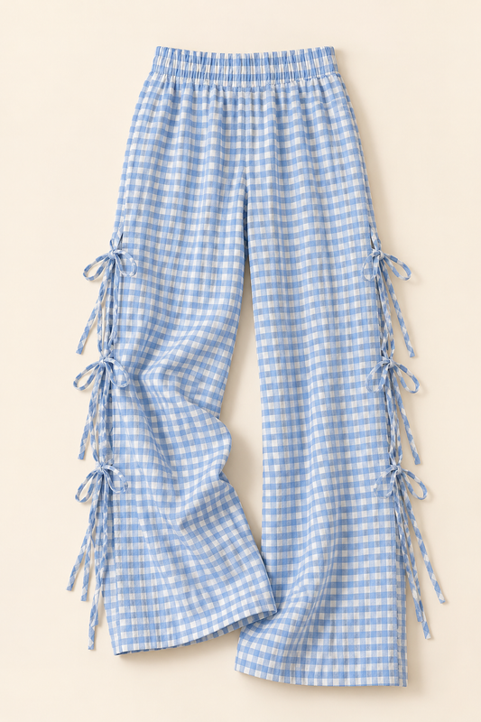 Gingham Bow-Tie Pants - Blue