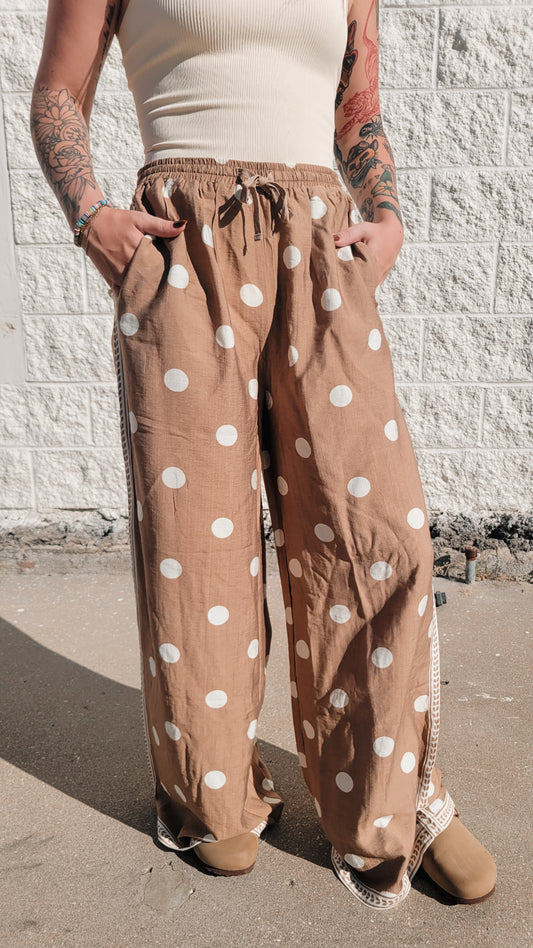 Drawstring Polka Dot Wide Leg Pants - Taupe