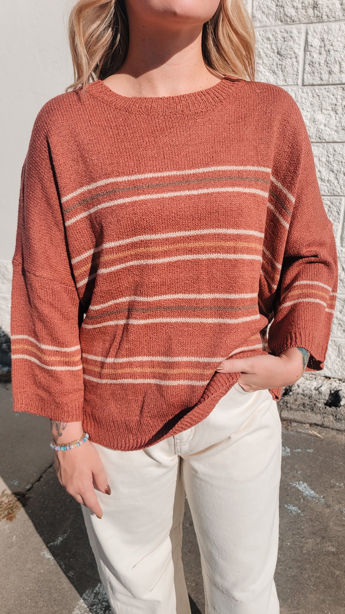 Breezy Knit Striped Sweater Top - Rust