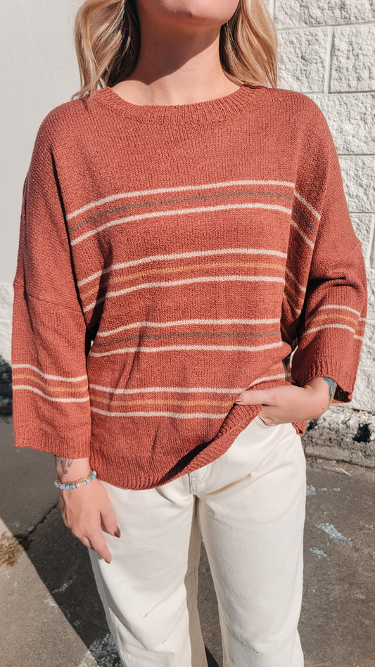 Breezy Knit Striped Sweater Top - Rust