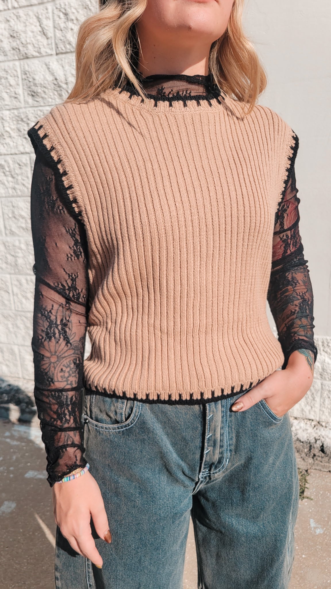 Sleeveless Sweater Taupe/Black Trim