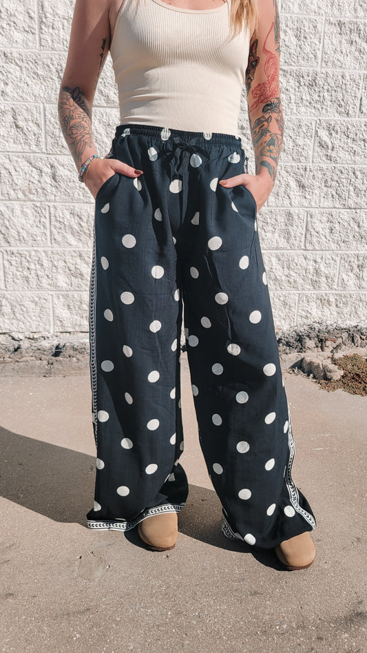 Drawstring Polka Dot Wide Leg Pants - Black