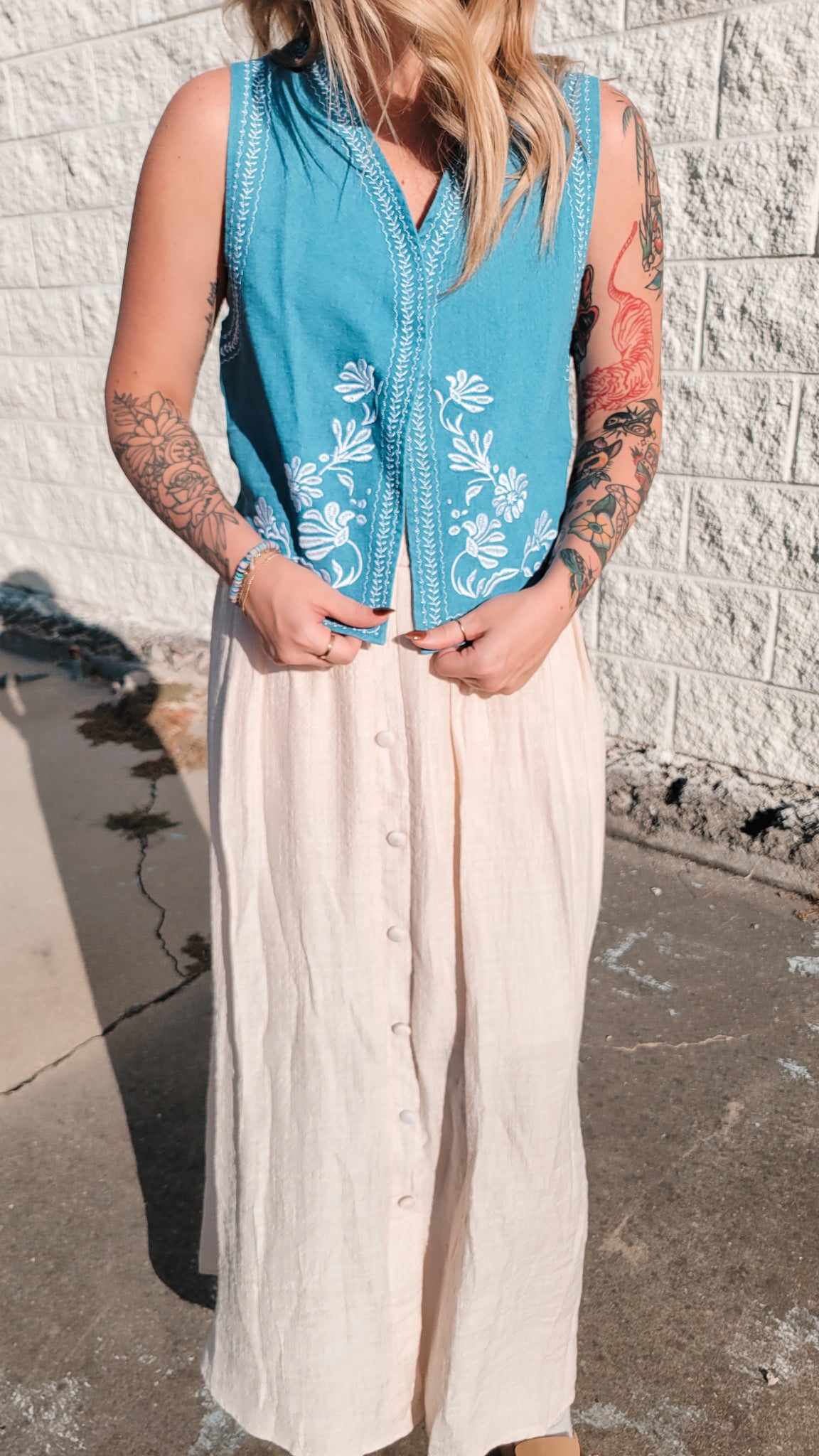 Floral Embroidered Denim Vest