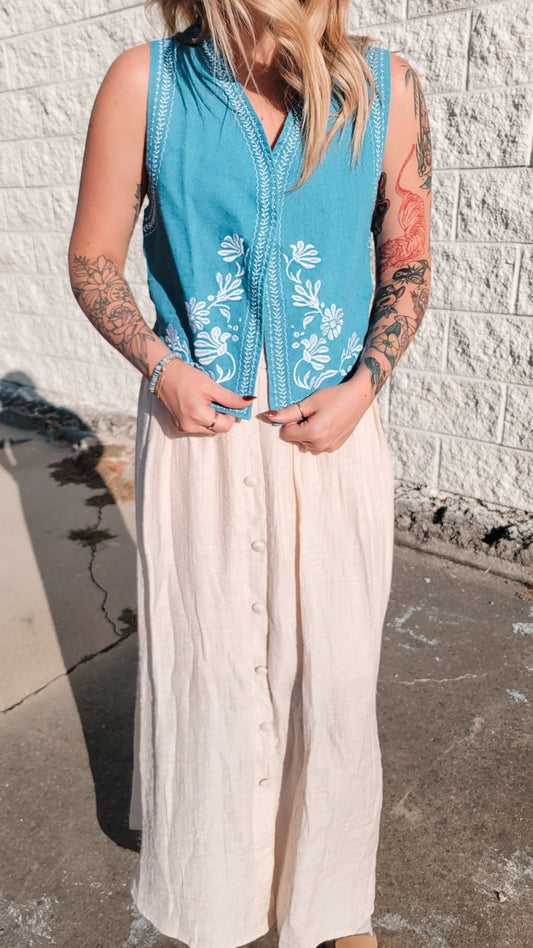 Floral Embroidered Denim Vest