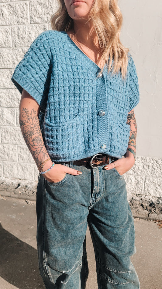 Waffle Knit Crop Sweater - Blue