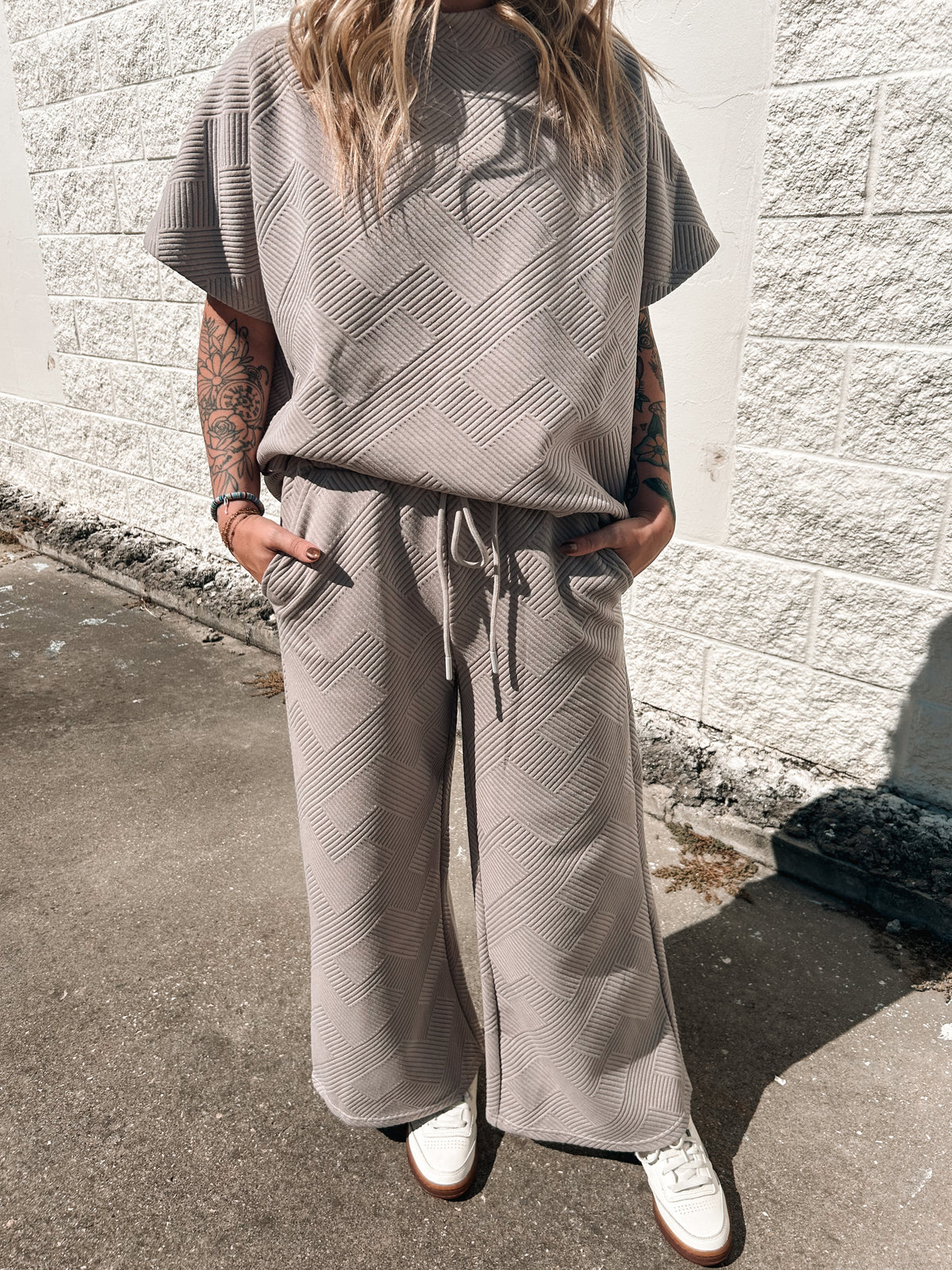 2pc Textured Wide Leg Pant Dropped Shoulder Set - Oatmeal