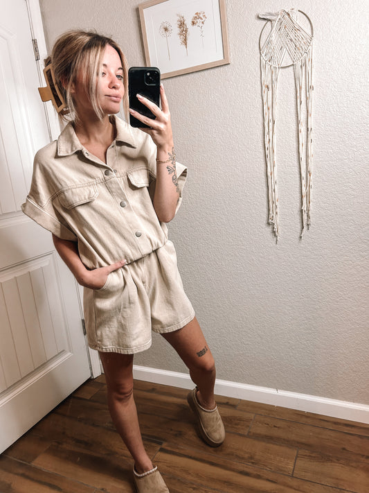 tan denim romper