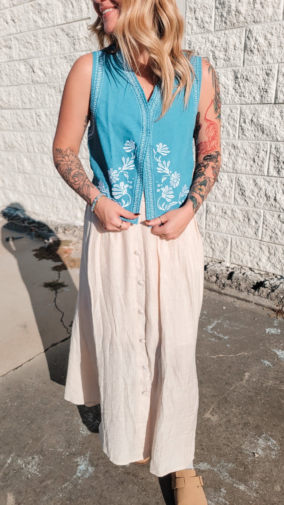 Floral Embroidered Denim Vest